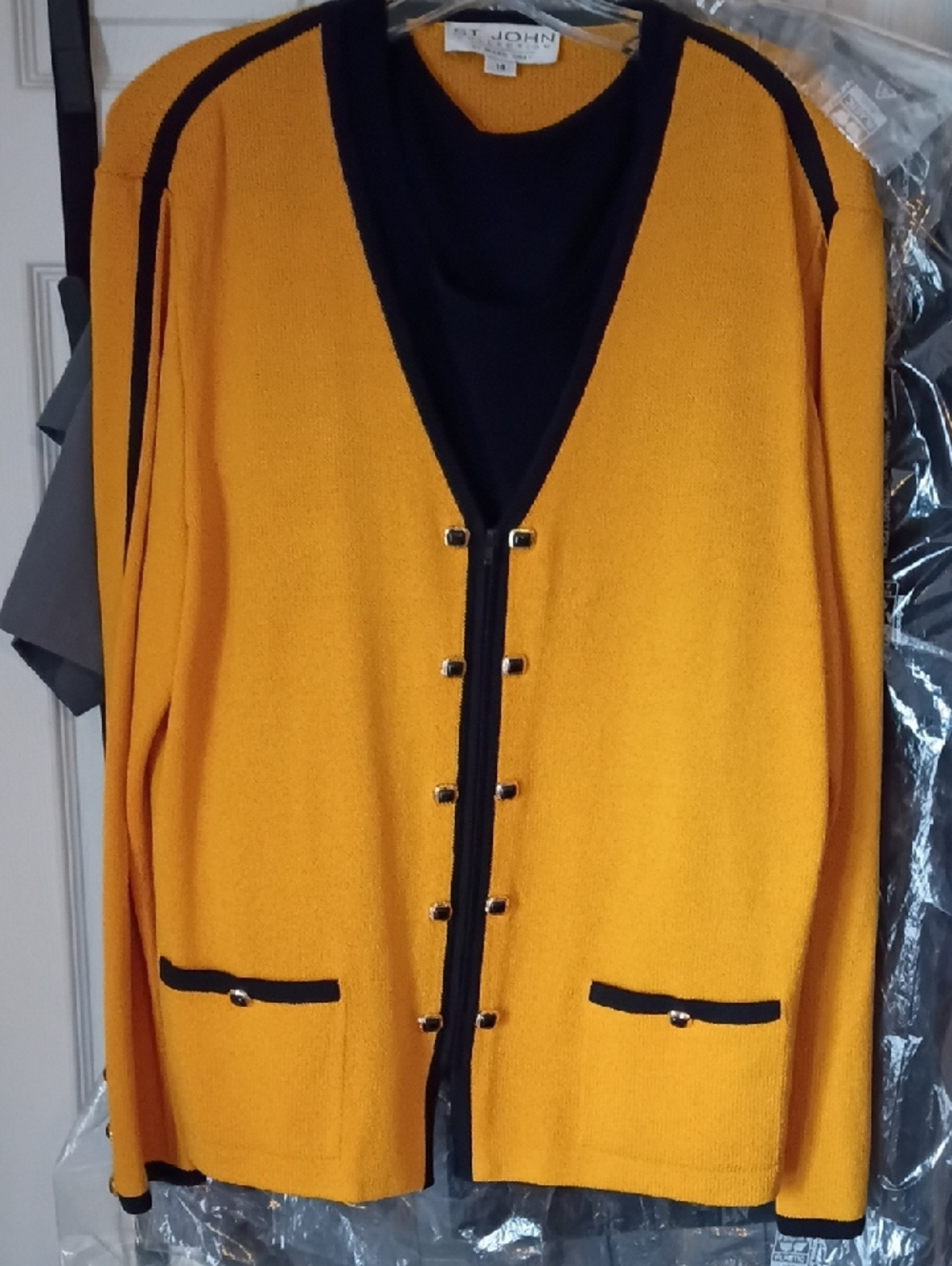 St. John Mustard & Black Knit Cardigan with Gold Accents